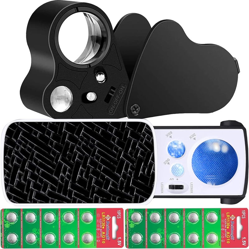 HMKIS Jewelers Loupe, 2 Pack Magnifying Glass with Light, 30X 60X 90X Jewelers Loop Magnification with 20 Backup Batteries for Coin, Diamonds, Gems, Jewelry, Stamps Close Work - Image 1
